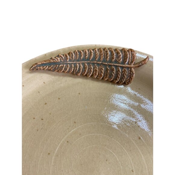 Handcrafted Ceramic 9 in Plate Embossed Brown Green Fern Botanical Pottery - Picture 5 of 8